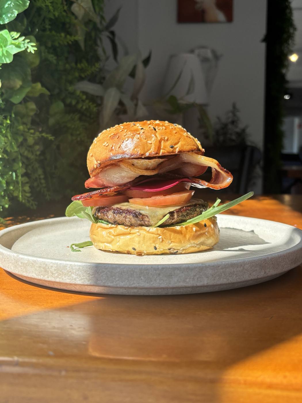 Cheeseburger with bacon, cheese and tomato at Cafe Cornerstone